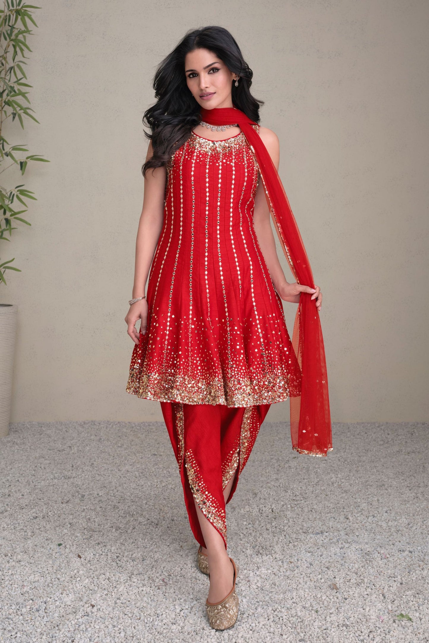 Red Real Silk Dhoti Style salwar Suit