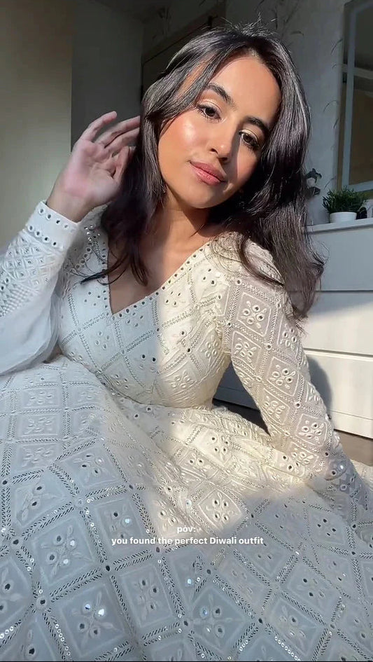 Premium Cream Georgette Anarkali with Sequin Embroidery