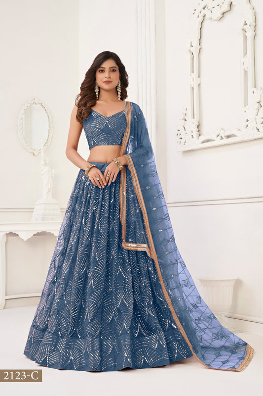 Steel Blue Net Embroidered Lehenga Choli