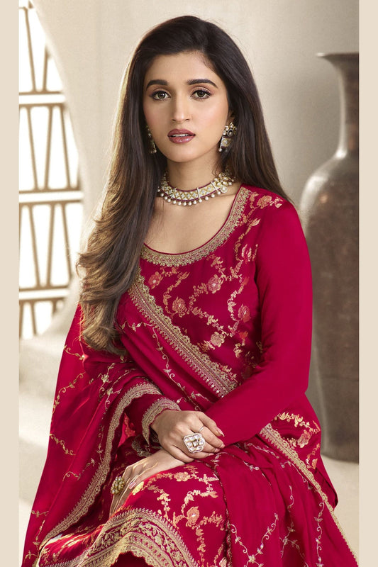 Red Jacquard Silk Palazzo Suit