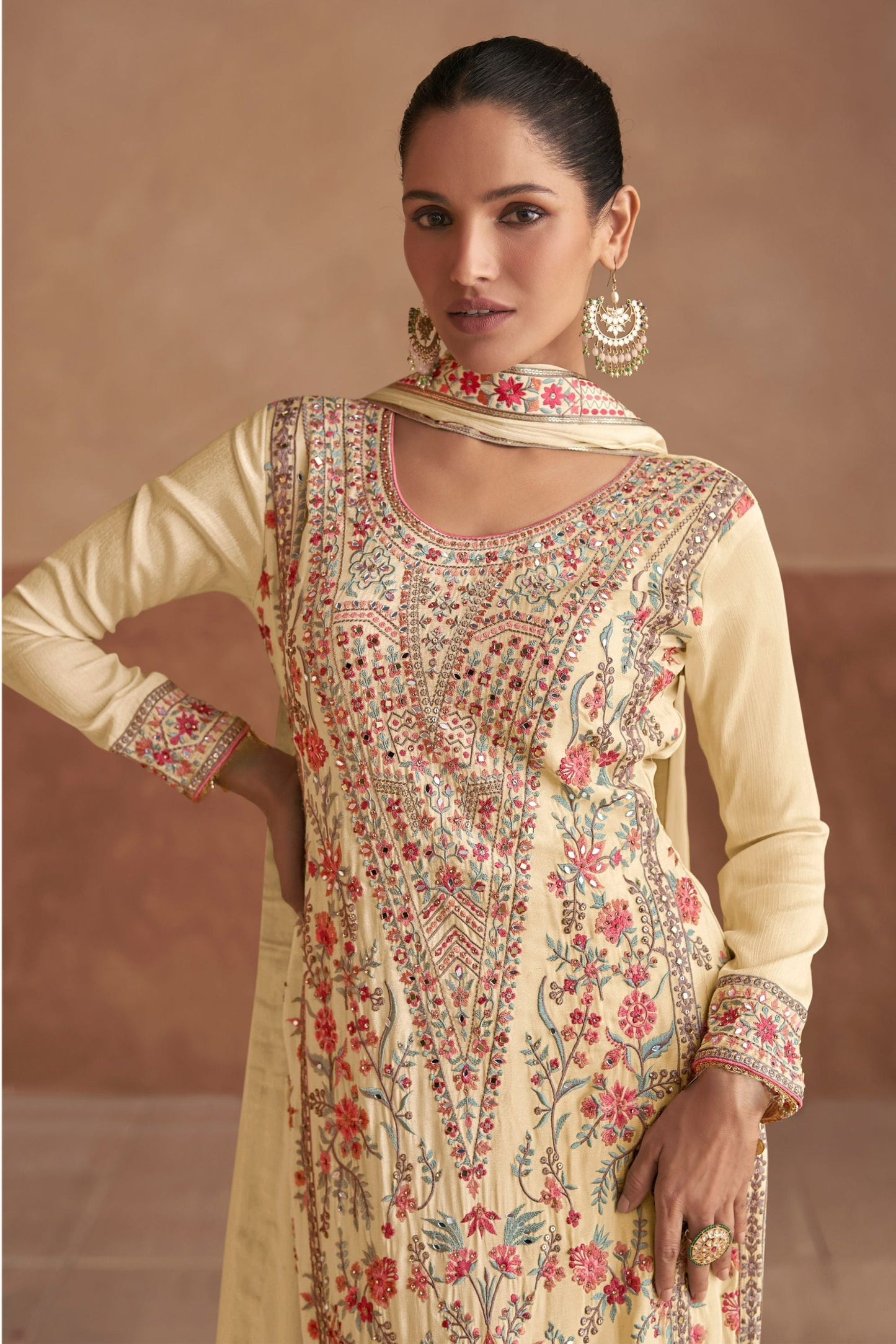 Cream Chinon Silk salwar suit