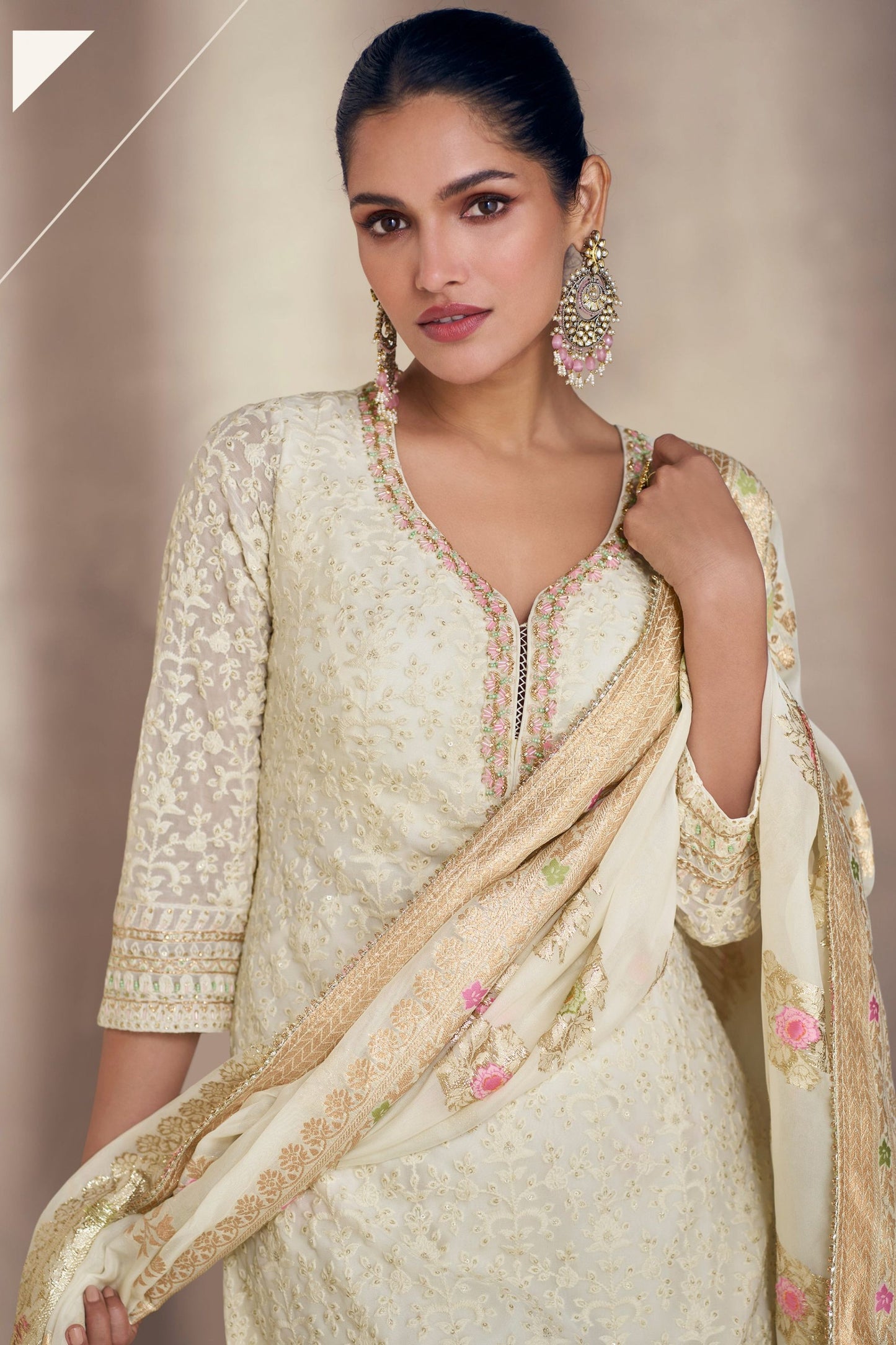 Off White Jacquard Silk Plazo Kameez
