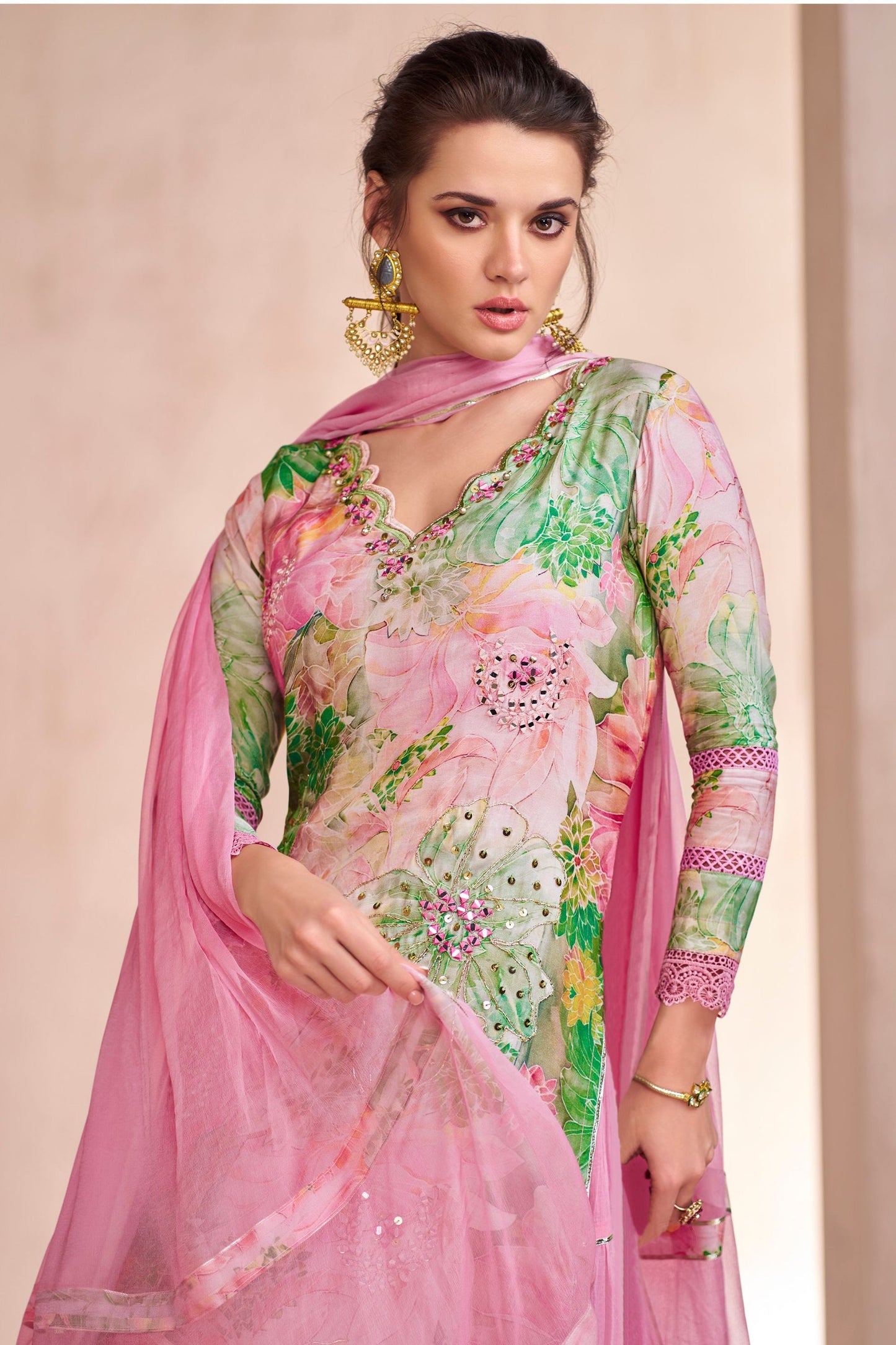 Baby Pink Muslin Silk Long salwar Suit