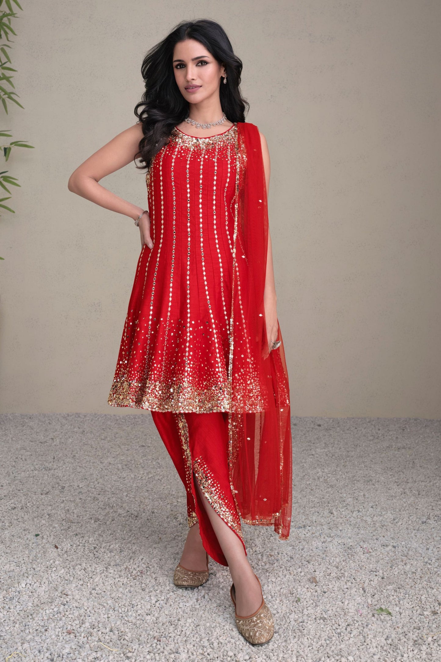Red Real Silk Dhoti Style salwar Suit