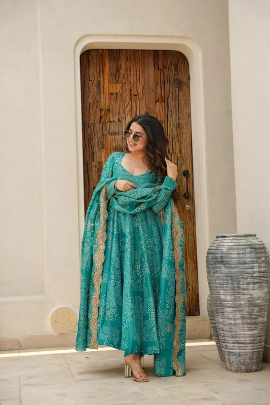 GREEN BANDHEJ MASLIN ANARKALI SUIT SET
