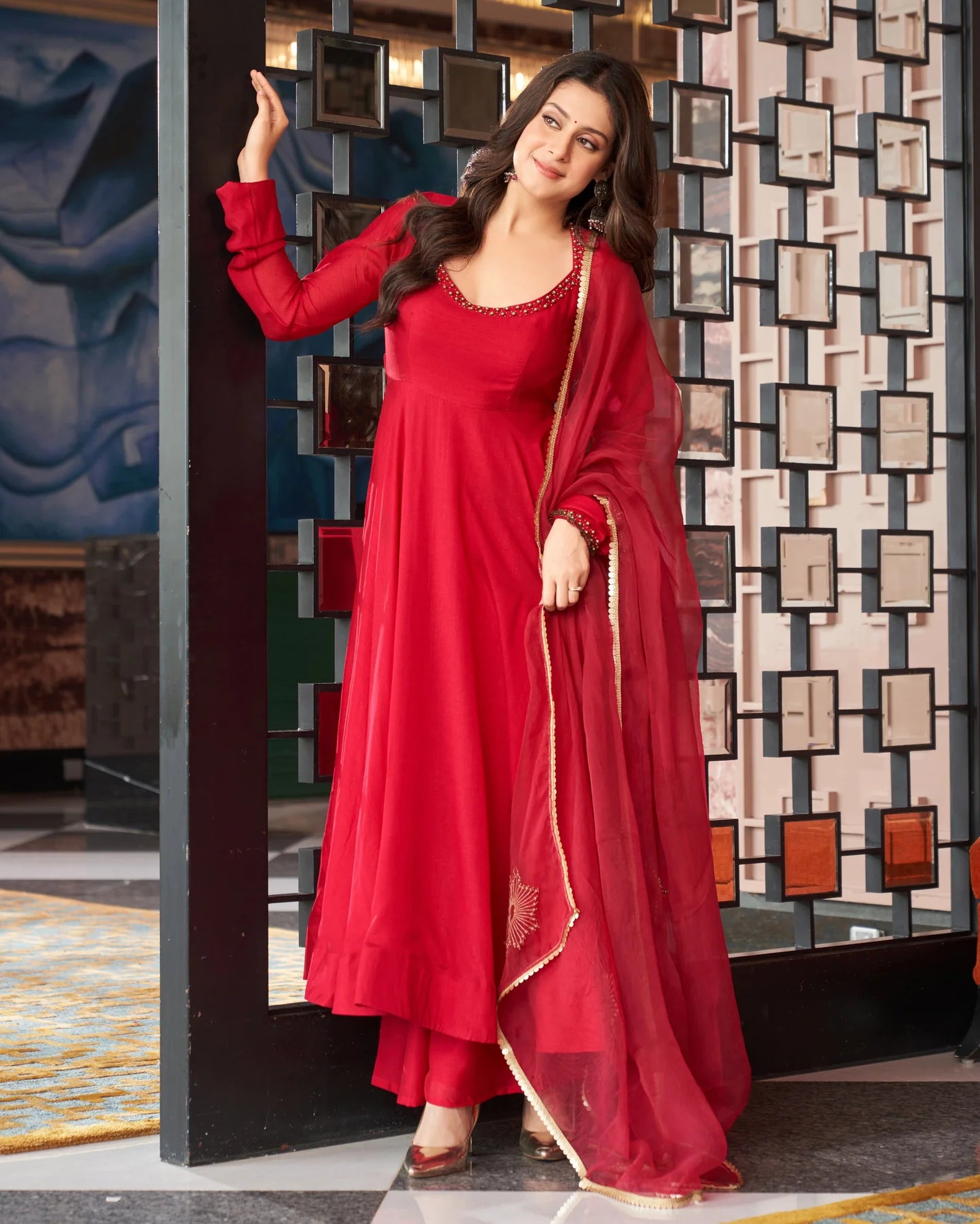 Radiant Red Embroidered Umbrella Suit with Churidaar Sleeves