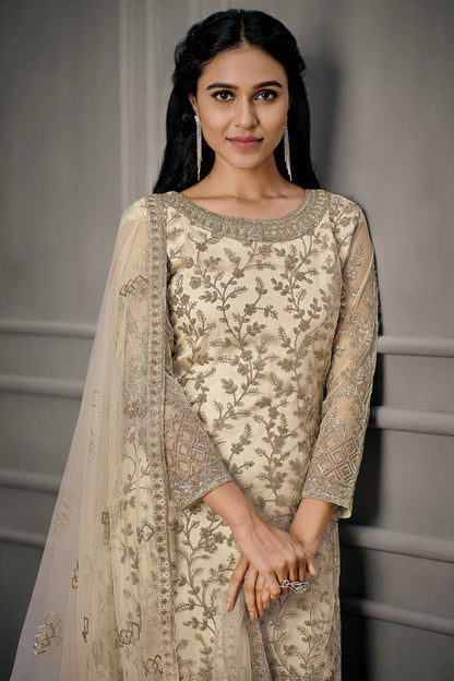 Cream Net salwar with Pant