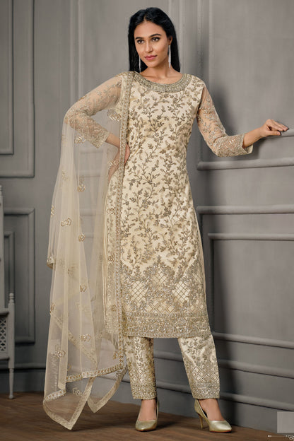 Cream Net salwar with Pant