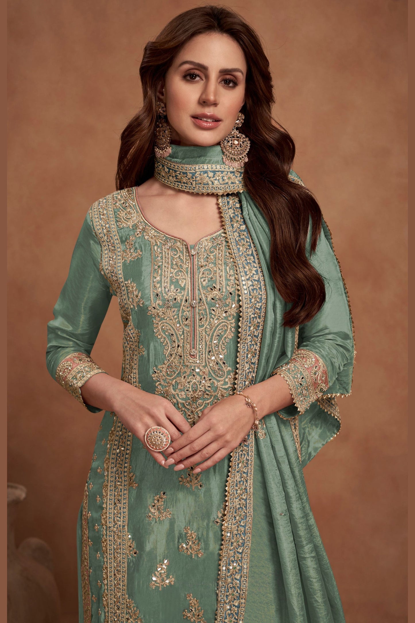 Dusty Green Simar Silk Plazo Suit