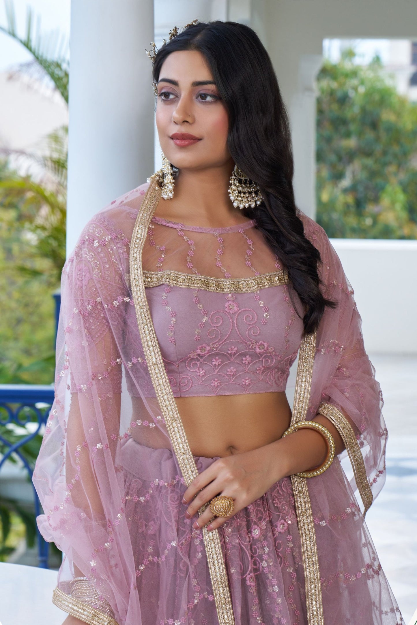 Blush Pink Net Embroidered Lehenga Choli