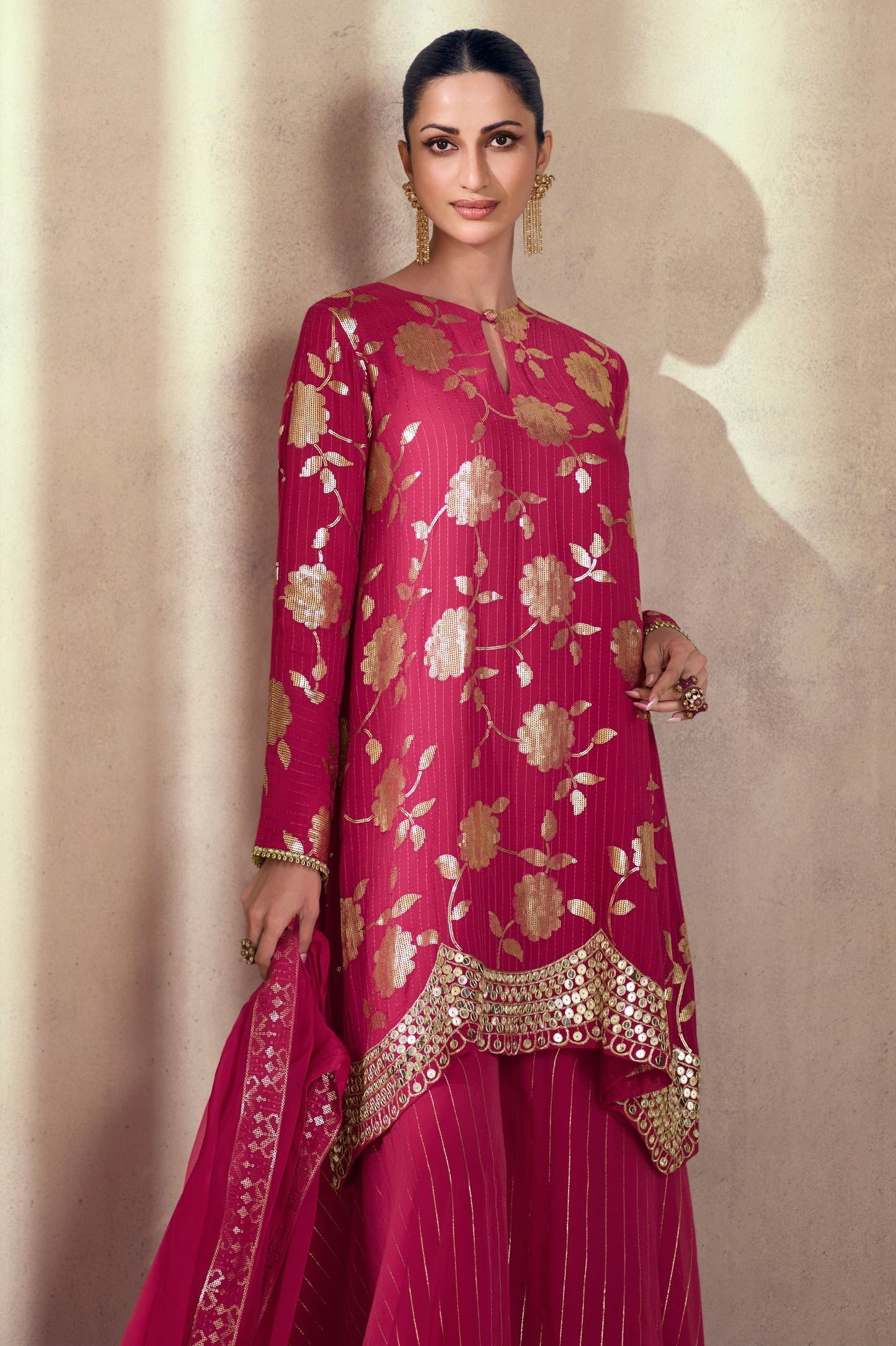Dark Pink Georgette Plazo With Suit