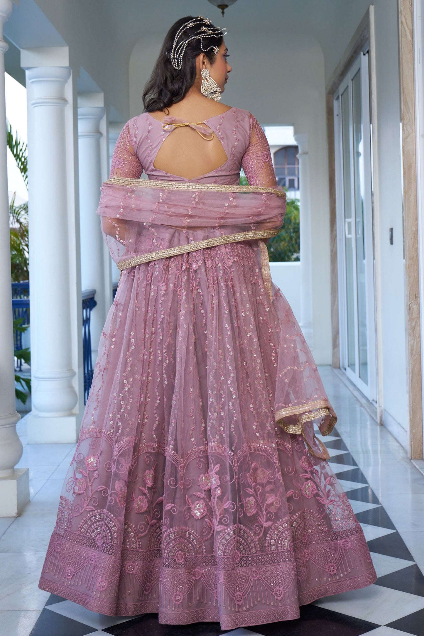 Blush Pink Net Embroidered Lehenga Choli