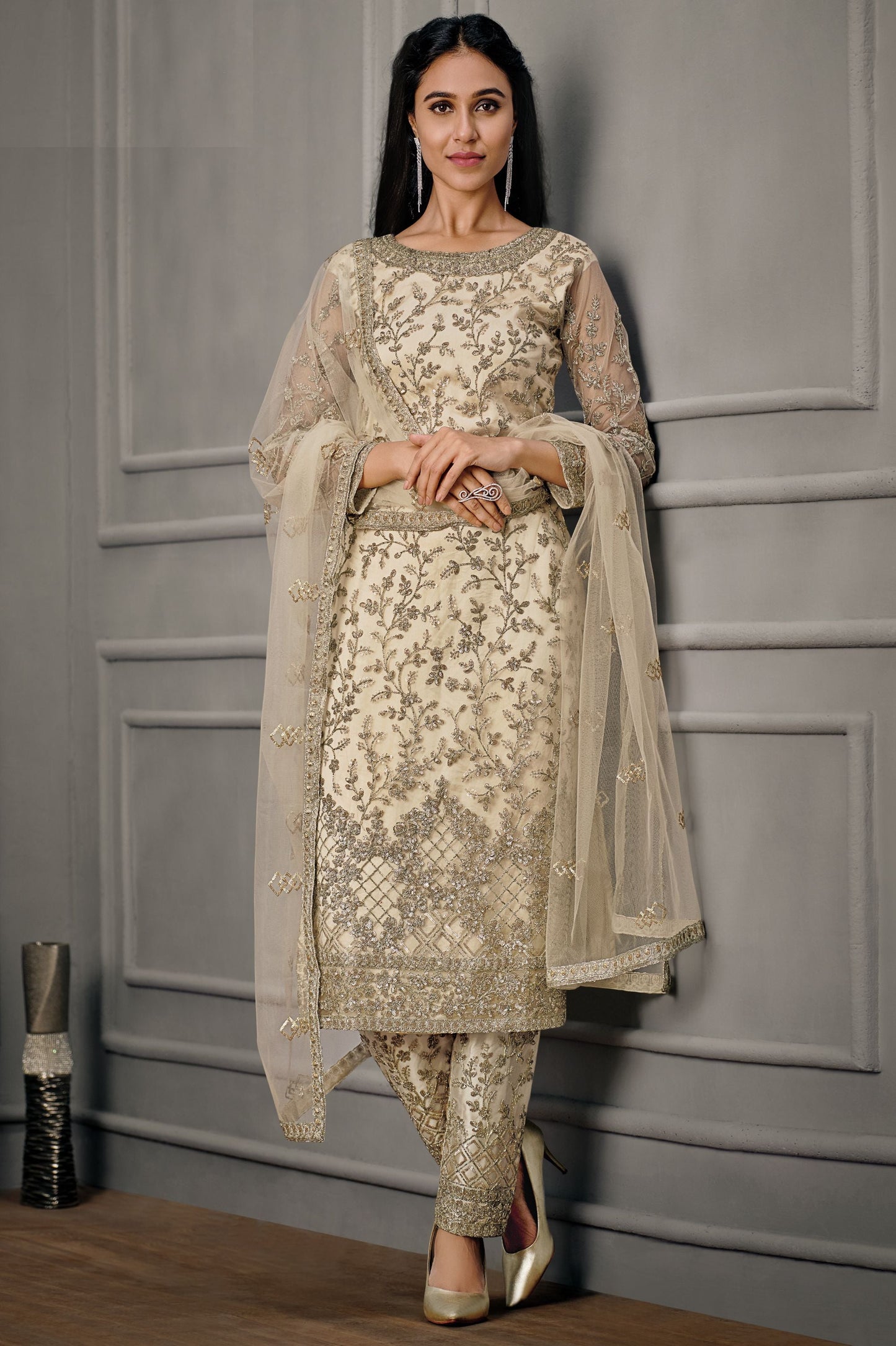 Cream Net salwar with Pant