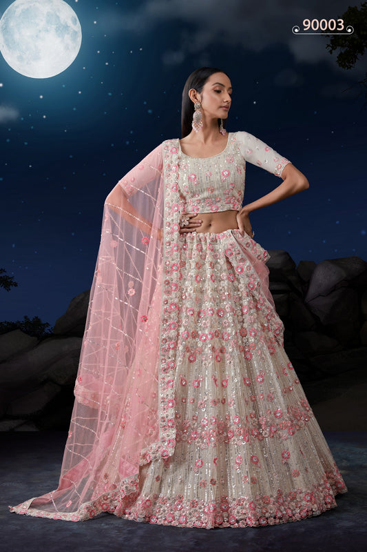 White Net Lehenga Choli - Sequence Embroidery Work, Zarkan Work, Thread Embroidery Work