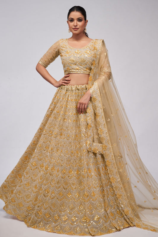Gold Net Lehenga Choli - Sequence Embroidery Work, Bead Work, Zarkan Work