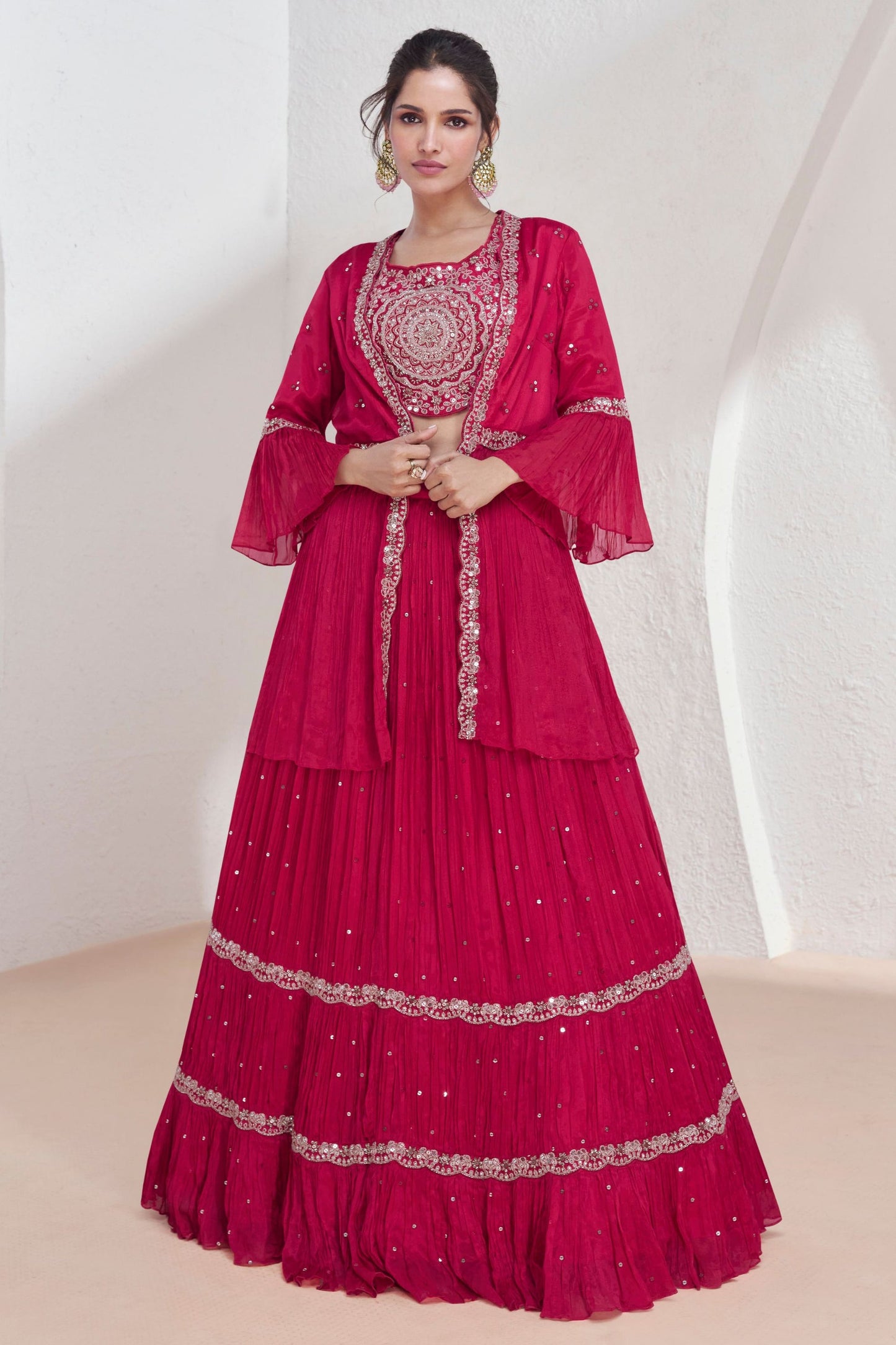 Reddish Pink Georgette Lehenga Choli with Koti
