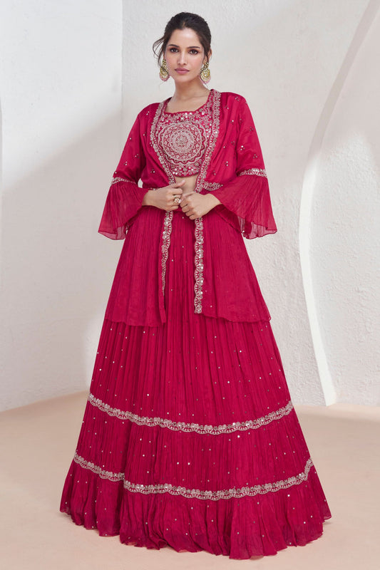 Reddish Pink Georgette Lehenga Choli with Koti