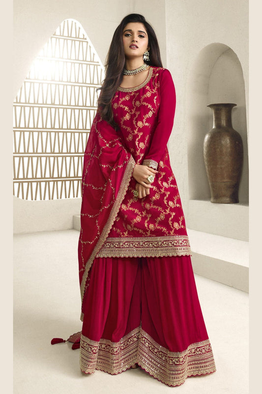Red Jacquard Silk Palazzo Suit