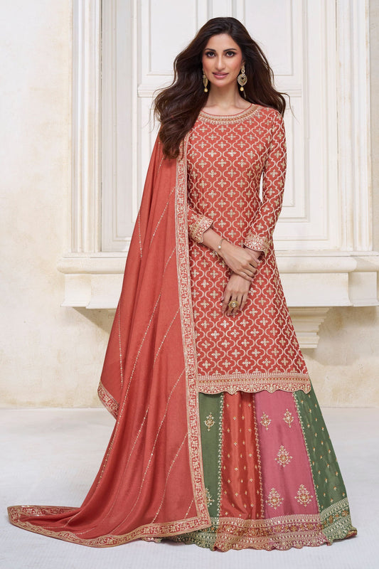 Orange Chinon Silk Salwar suit with Skirt