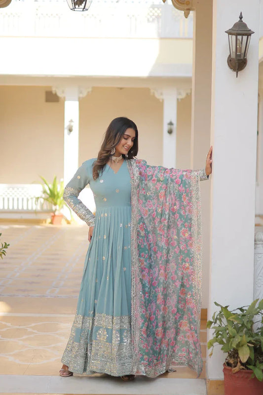 BLUE READYMADE FENCY GOWN WITH DUPATTA SET