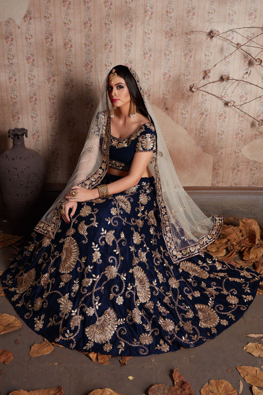 Blue Velvet Silk Lehenga Choli - Sequence Embroidery Work, Lace Work, Zari Work