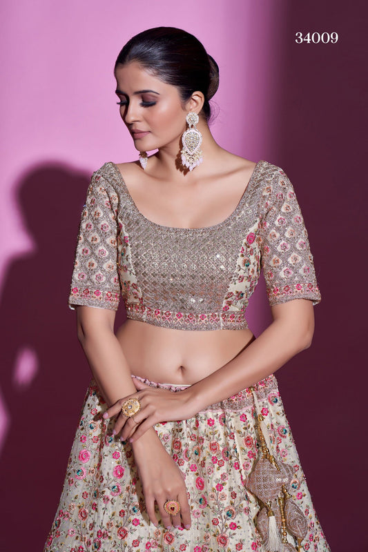 Cream Net Lehenga Choli - Sequence Embroidery Work, Stone Work, Dori Work