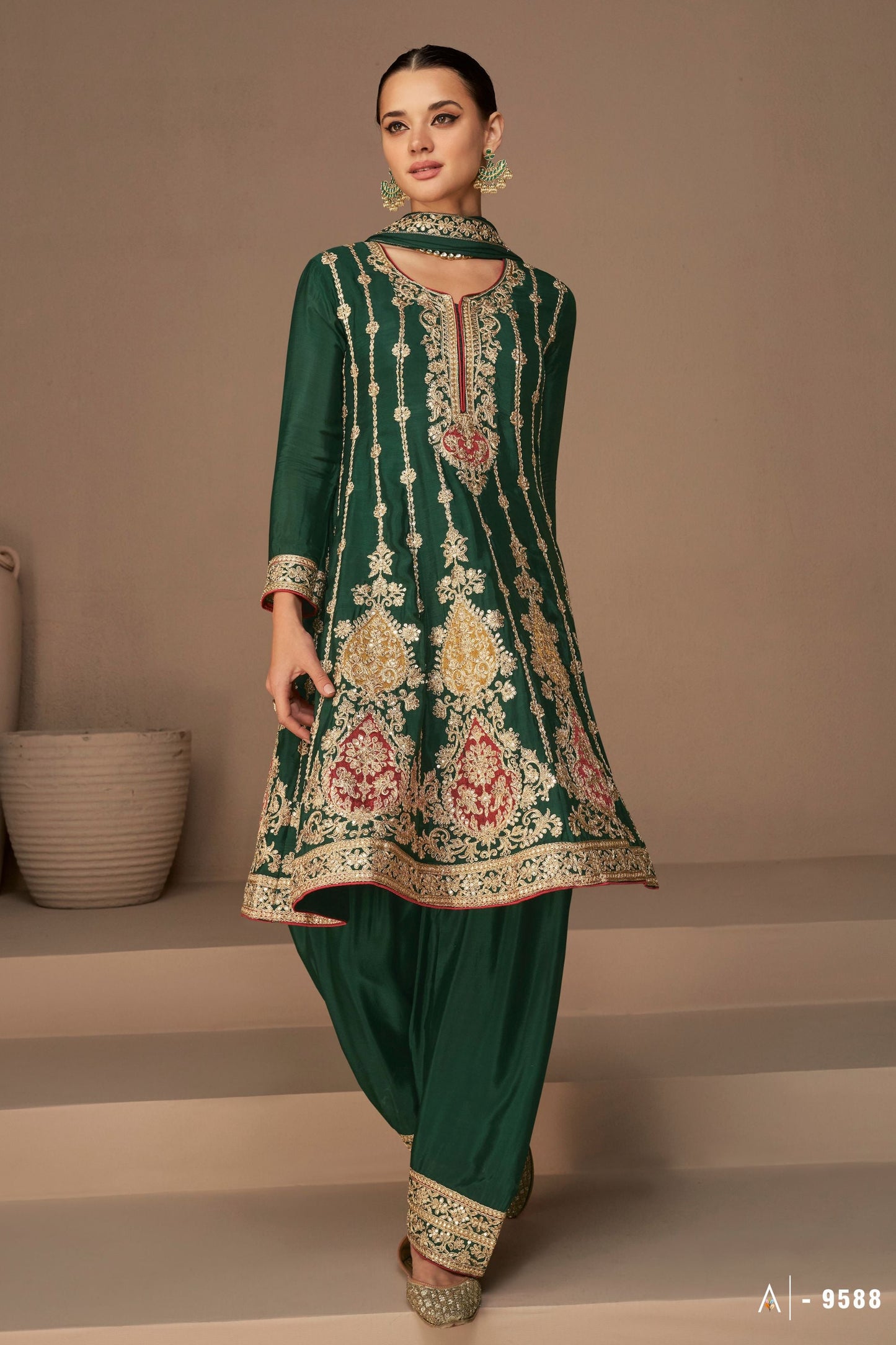 Green Chinon Silk salwar suit