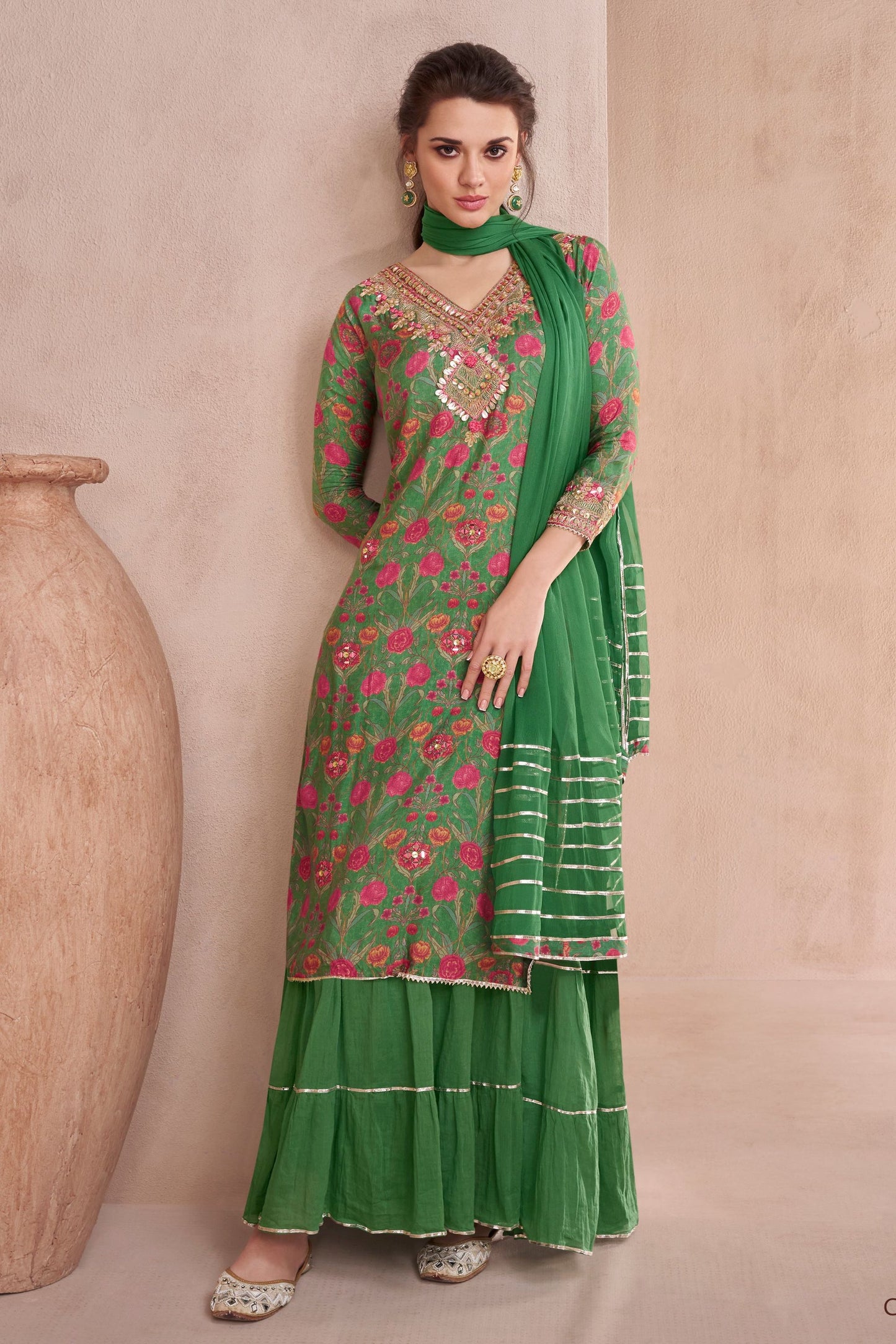 Green Muslin Silk Long Suit with Skirt