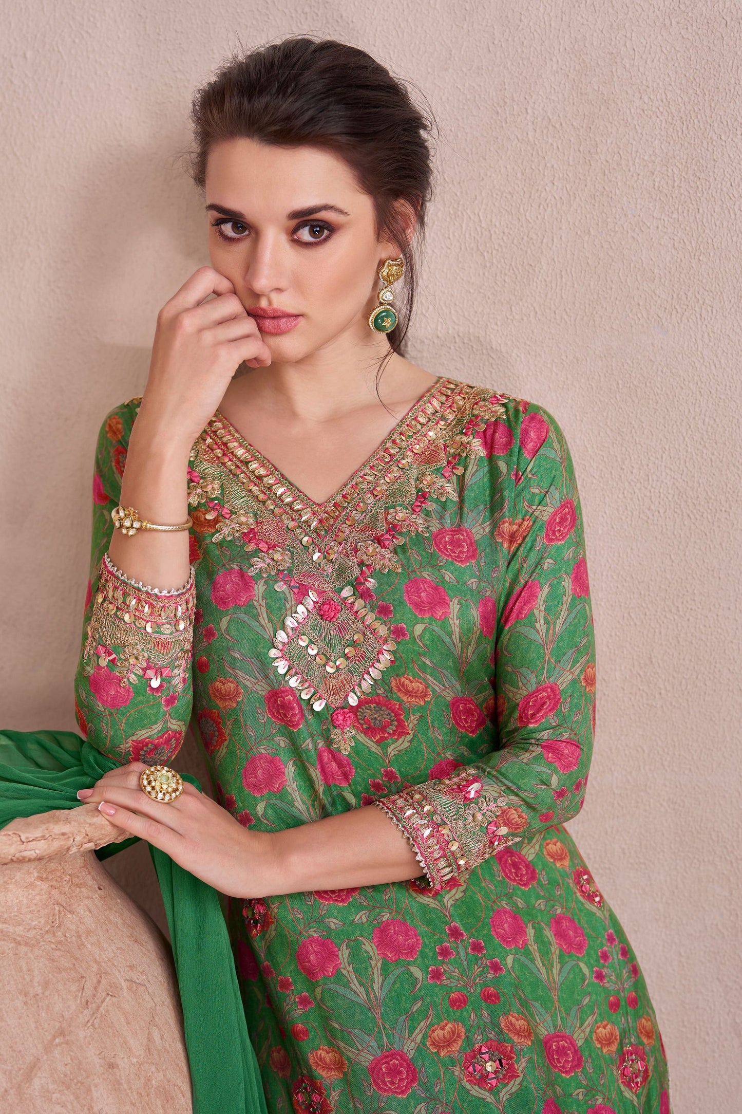 Green Muslin Silk Long Suit with Skirt