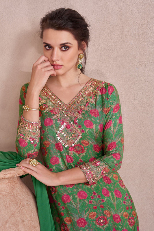 Green Muslin Silk Long Suit with Skirt