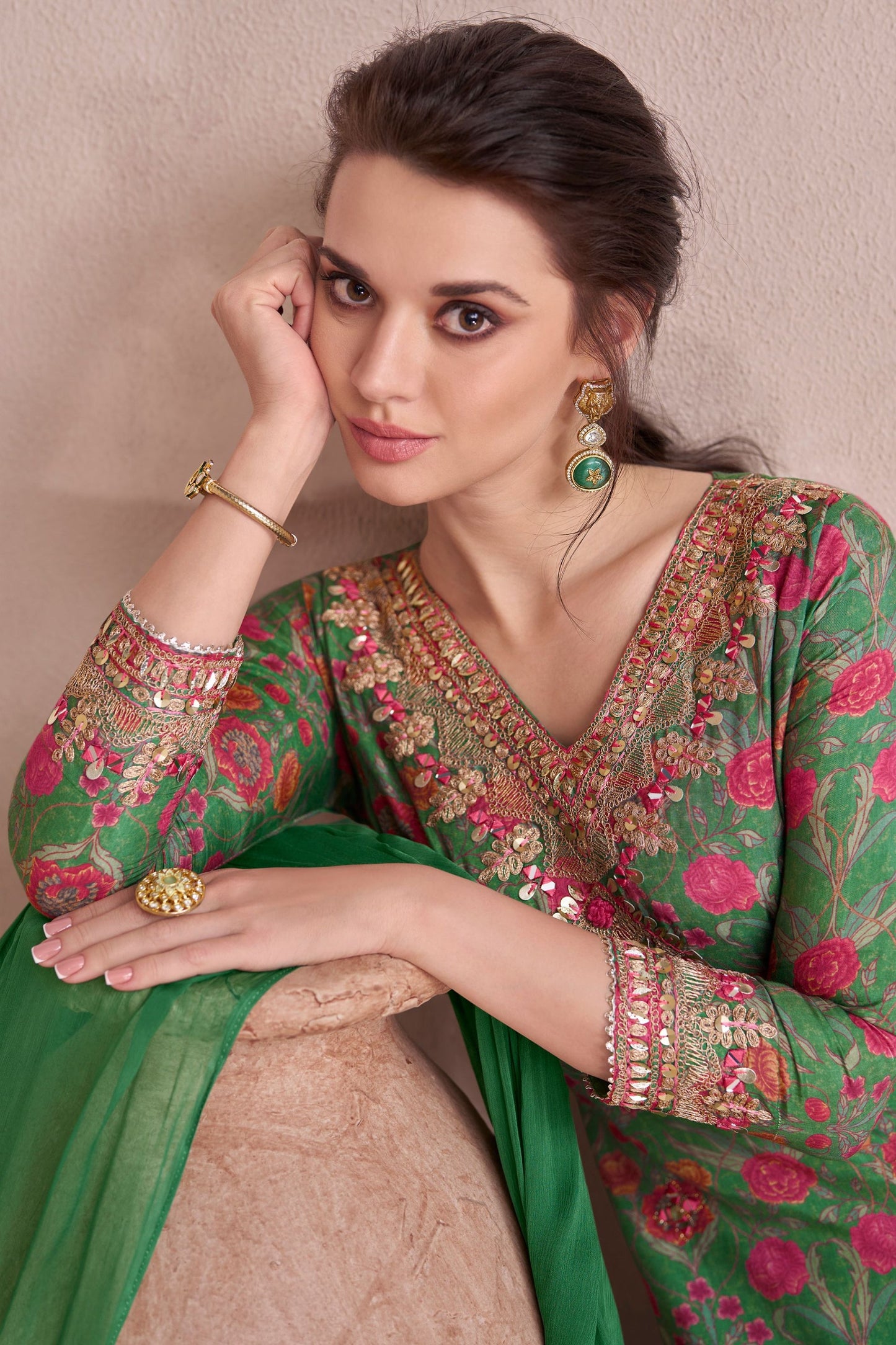 Green Muslin Silk Long Suit with Skirt