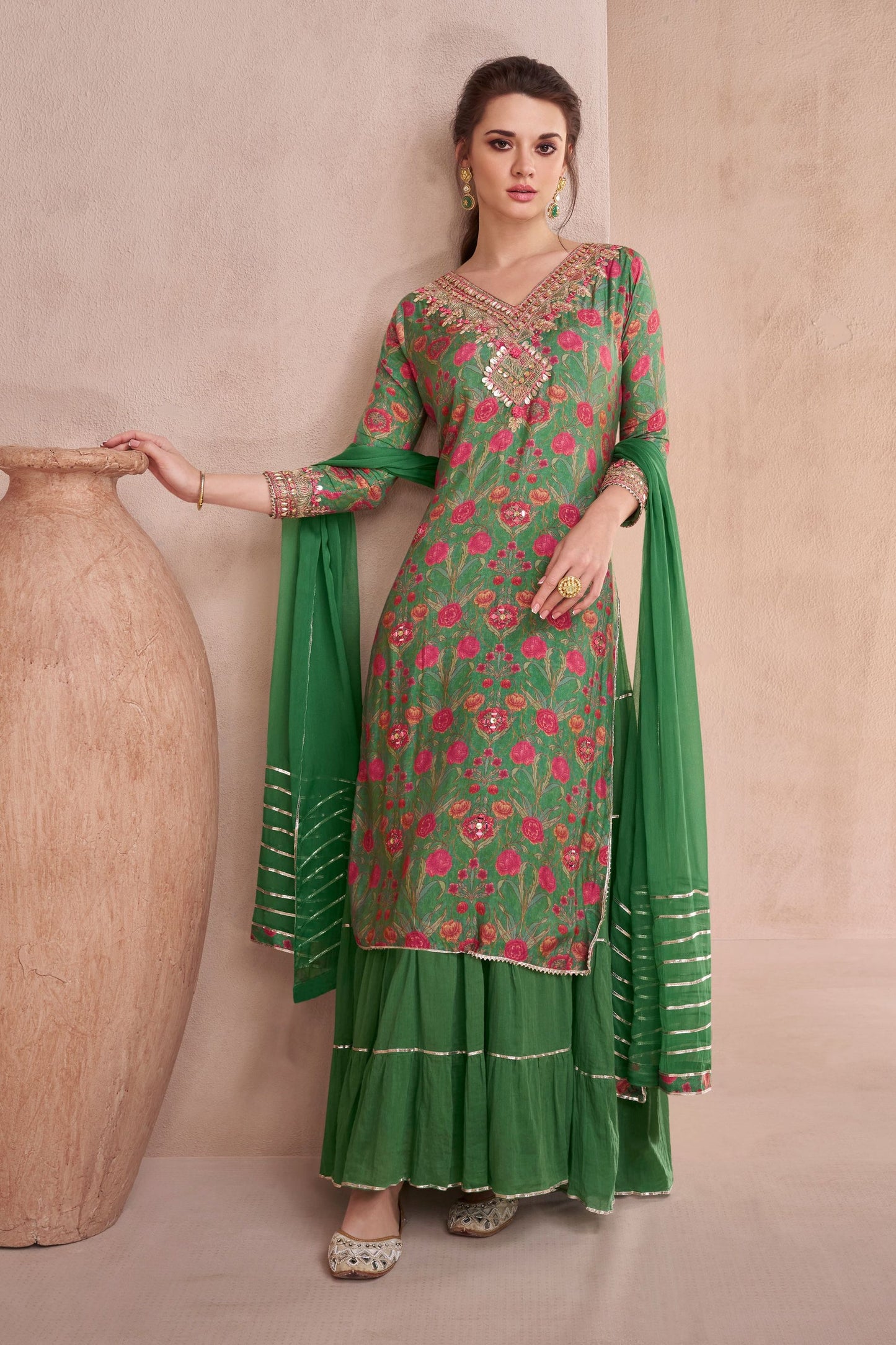 Green Muslin Silk Long Suit with Skirt