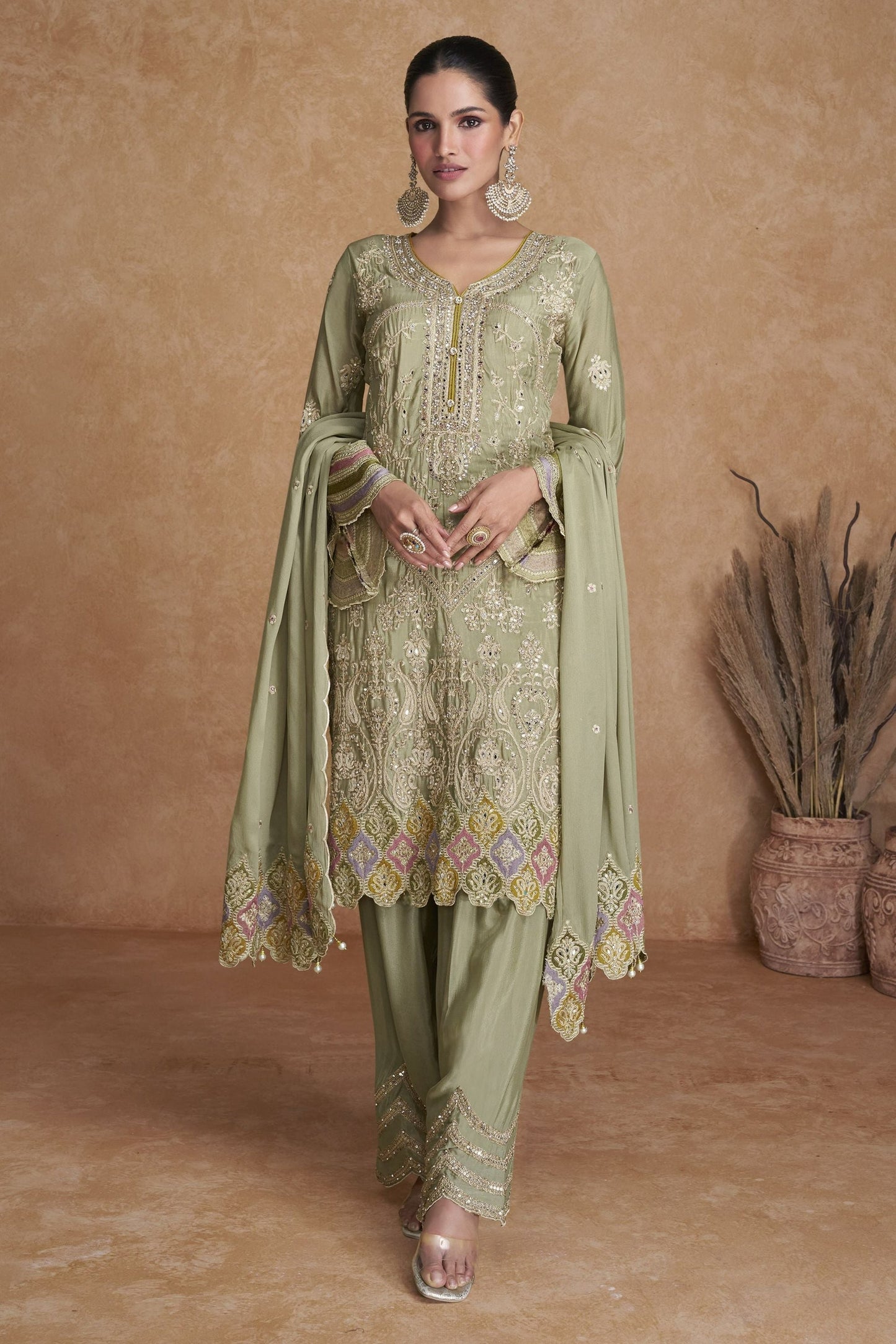 Light Green Chinon Silk Palazzo Suit
