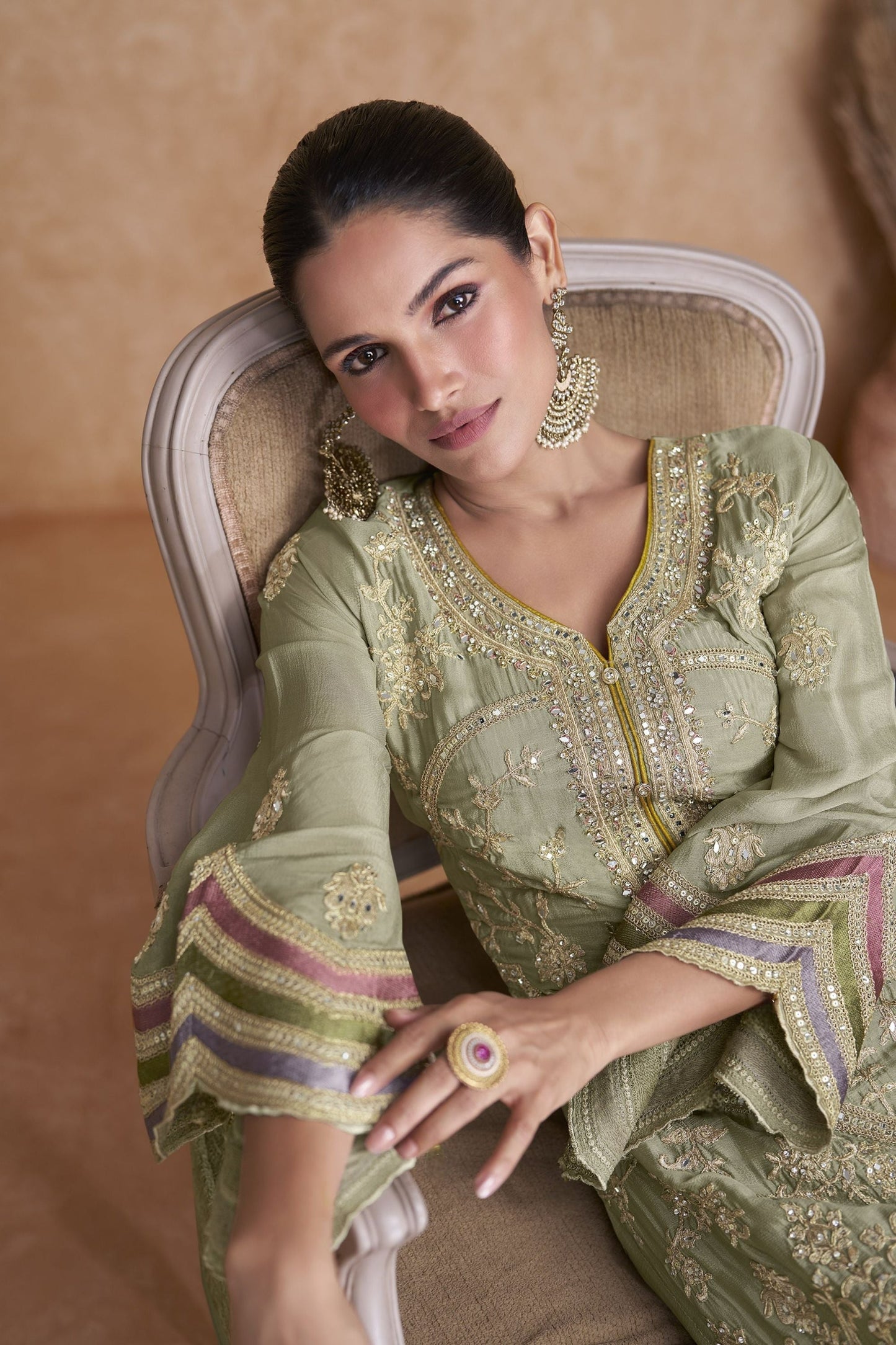 Light Green Chinon Silk Palazzo Suit