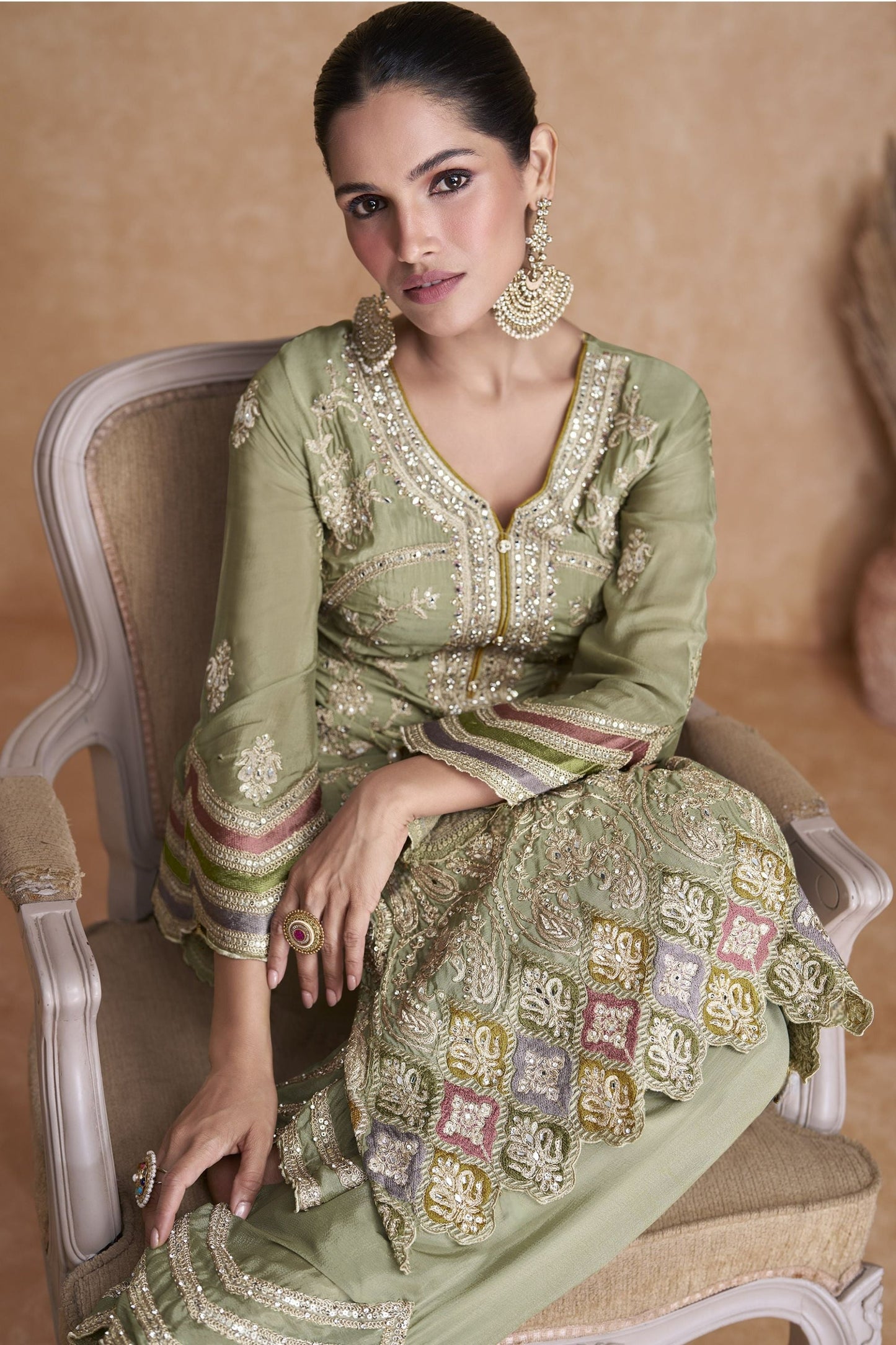 Light Green Chinon Silk Palazzo Suit