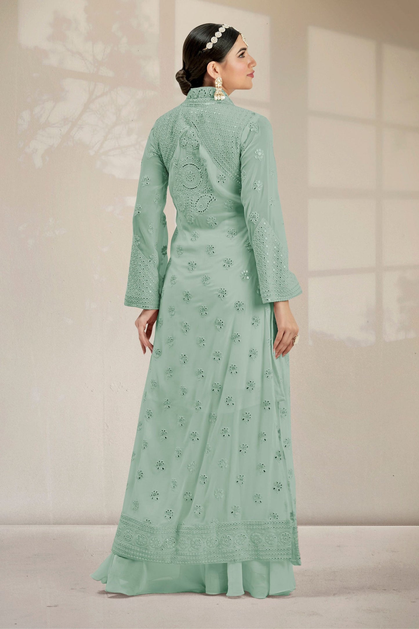 Light Green Georgette Palazzo Suit With Koti Jacket
