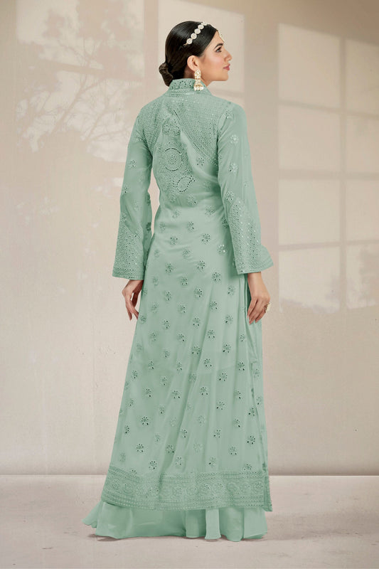 Light Green Georgette Palazzo Suit With Koti Jacket