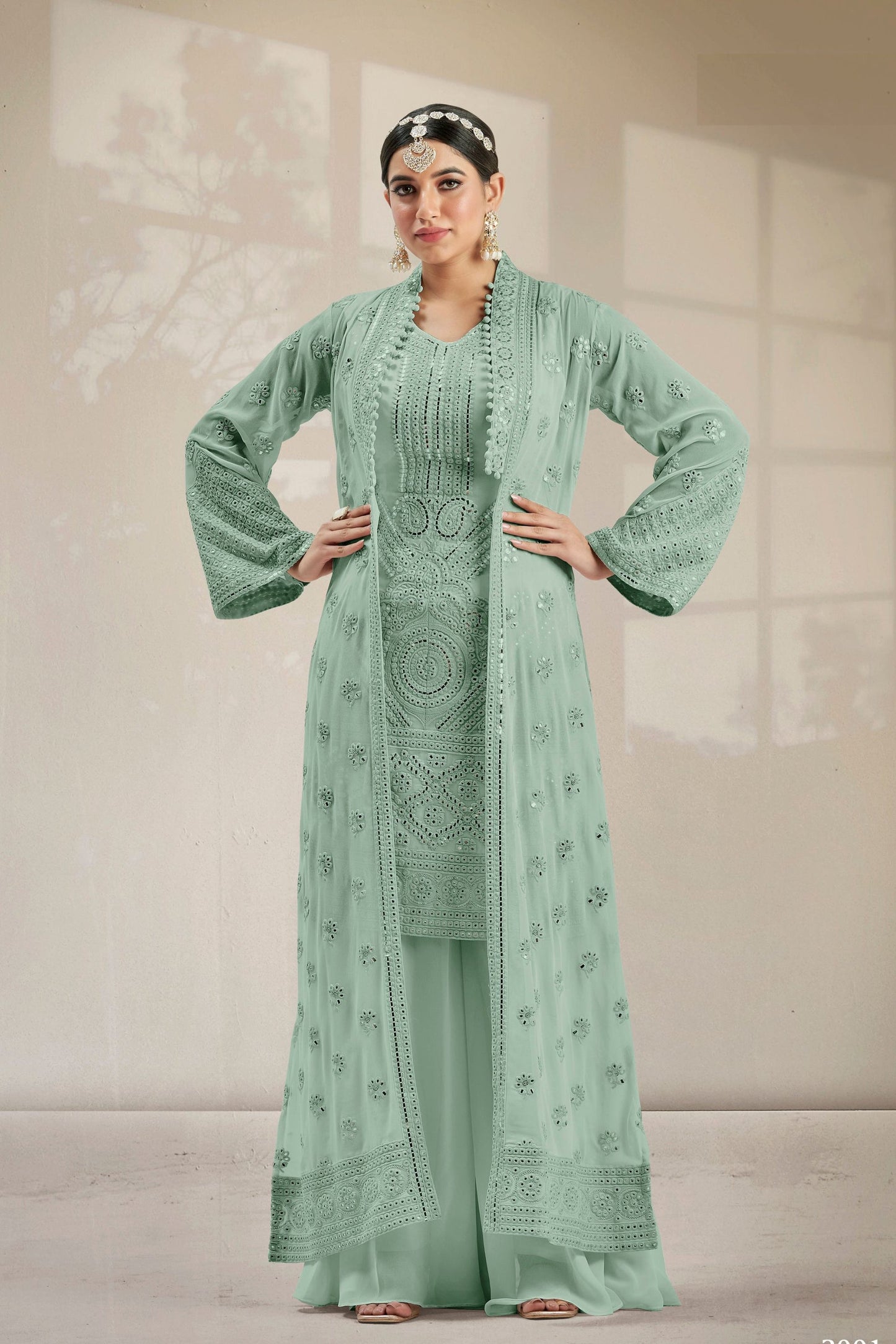 Light Green Georgette Palazzo Suit With Koti Jacket
