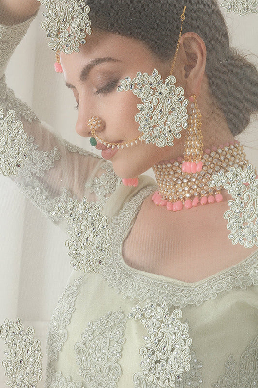 Light Green Net Lehenga Choli - Thread Embroidery Work, Codding Embroidery Work, Butta Work, Stone Work