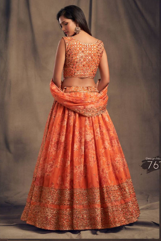 Orange Organza Floral Lehenga Choli - Embroidery Work, Print Work
