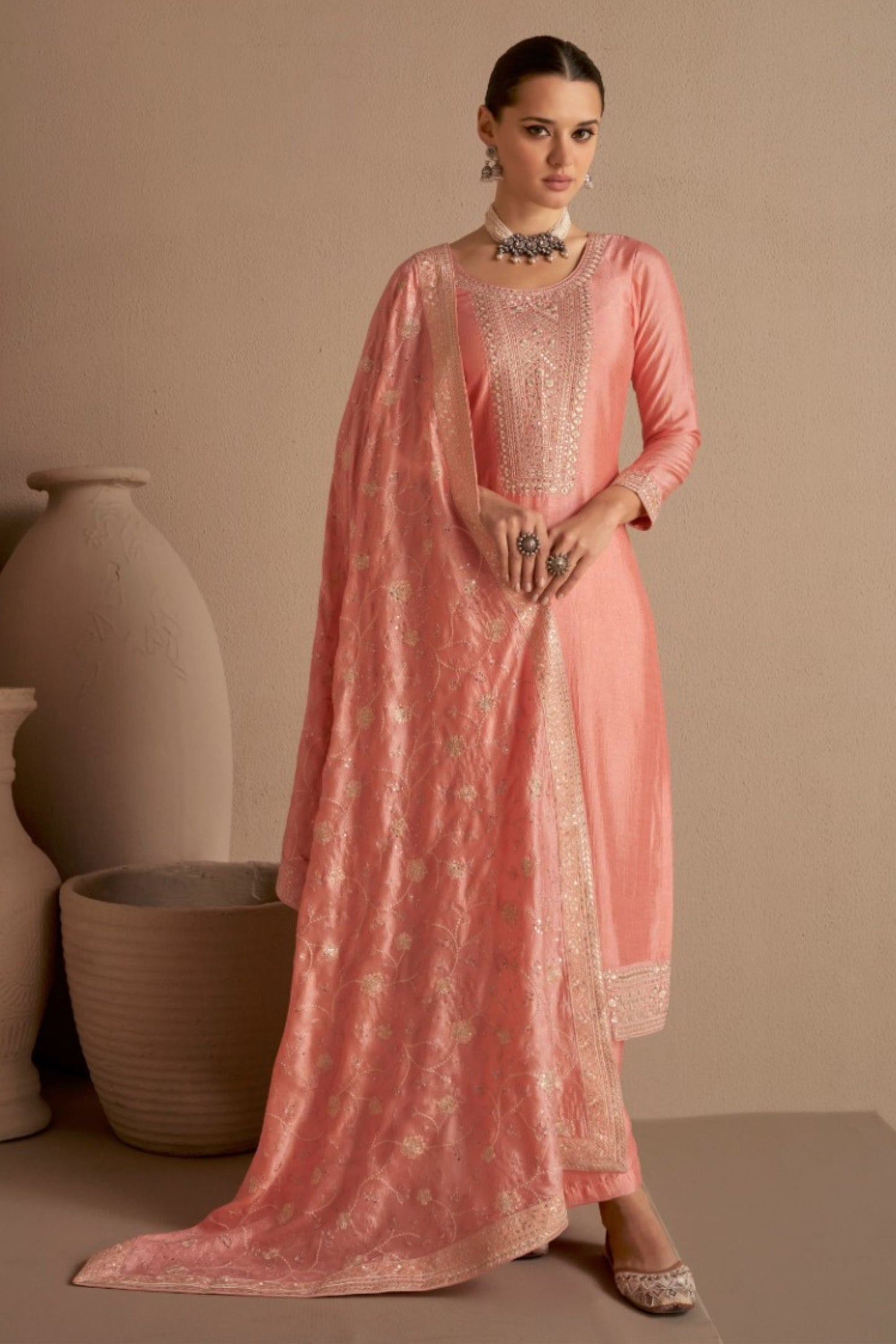 Peach Chinon Silk salwar suit