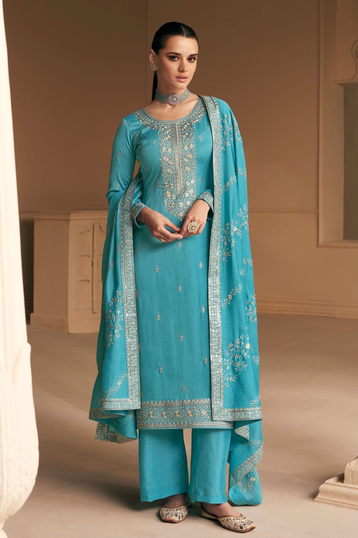 Cyan Chinon Silk salwar suit