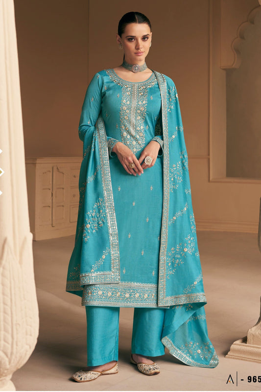 Cyan Chinon Silk salwar suit