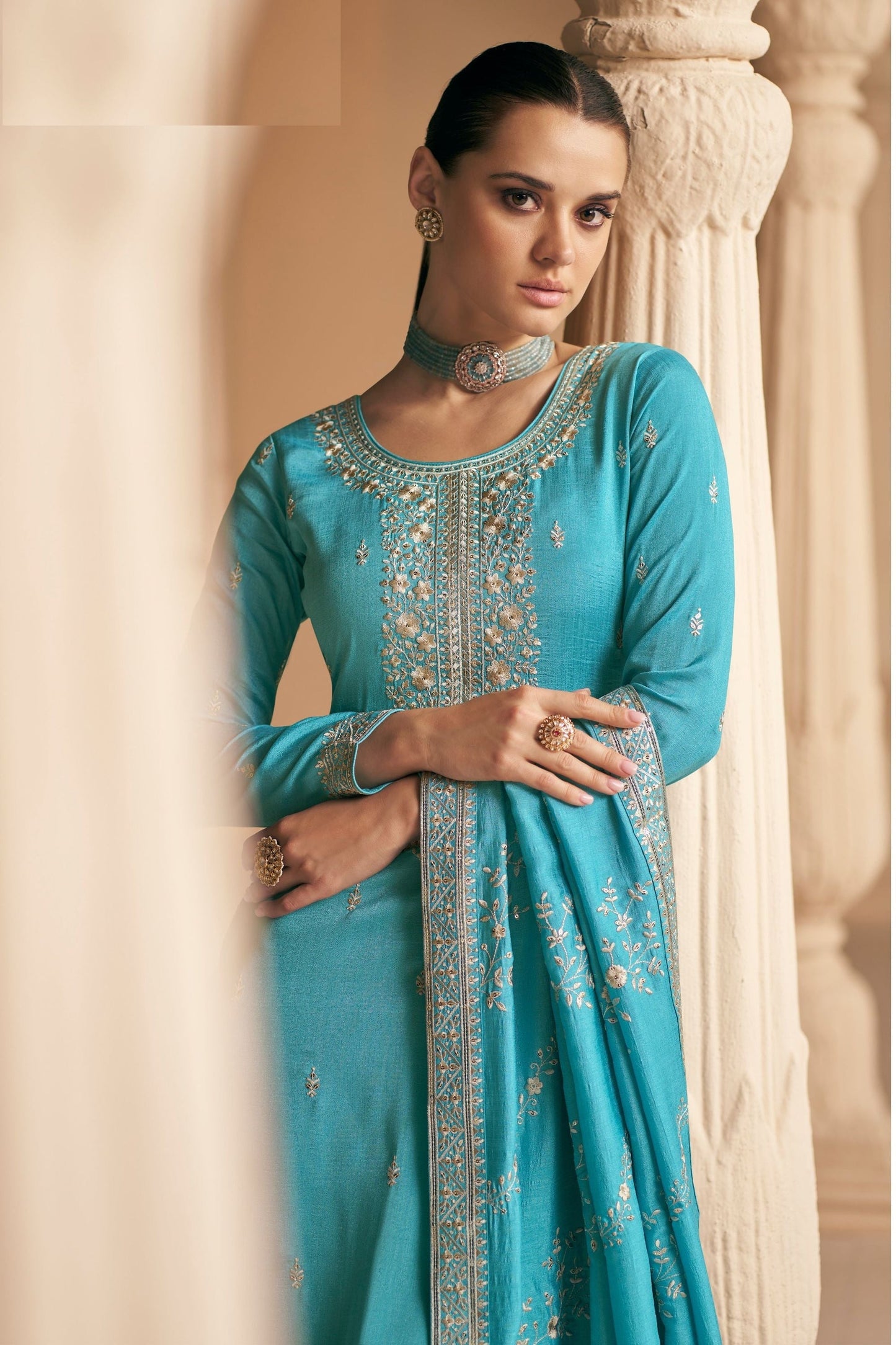 Cyan Chinon Silk salwar suit