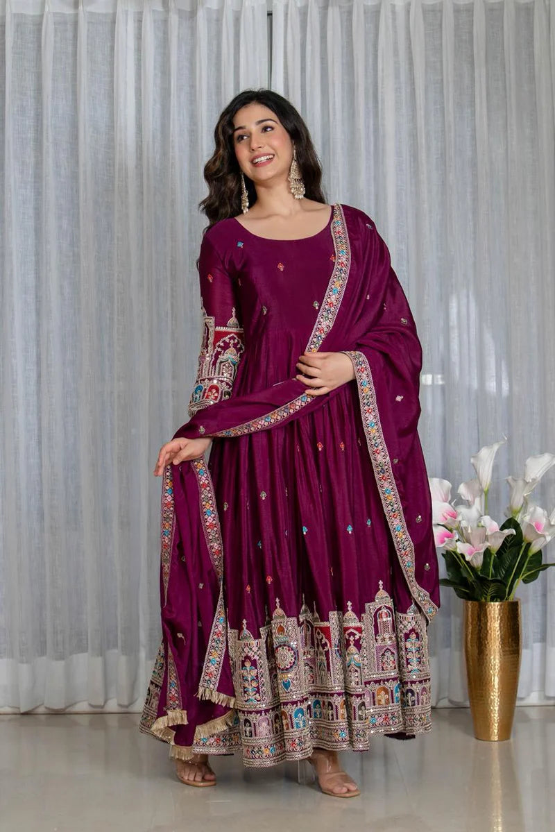 Tulip Wine Designer Cinon Silk Anarkali Suit Set