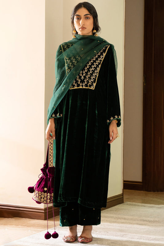 Green Velvet Palazzo Suit with Zari Embroidered