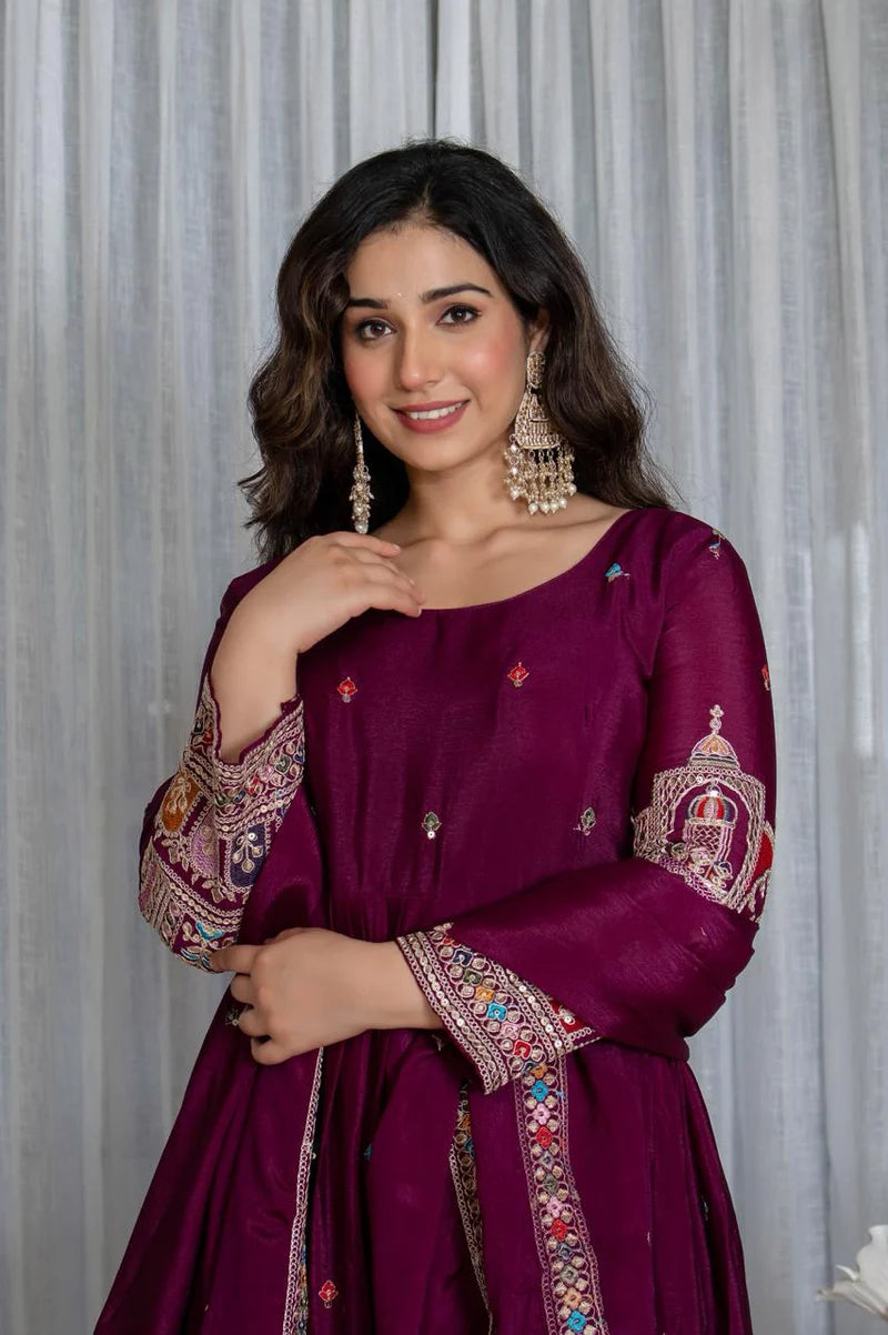 Tulip Wine Designer Cinon Silk Anarkali Suit Set