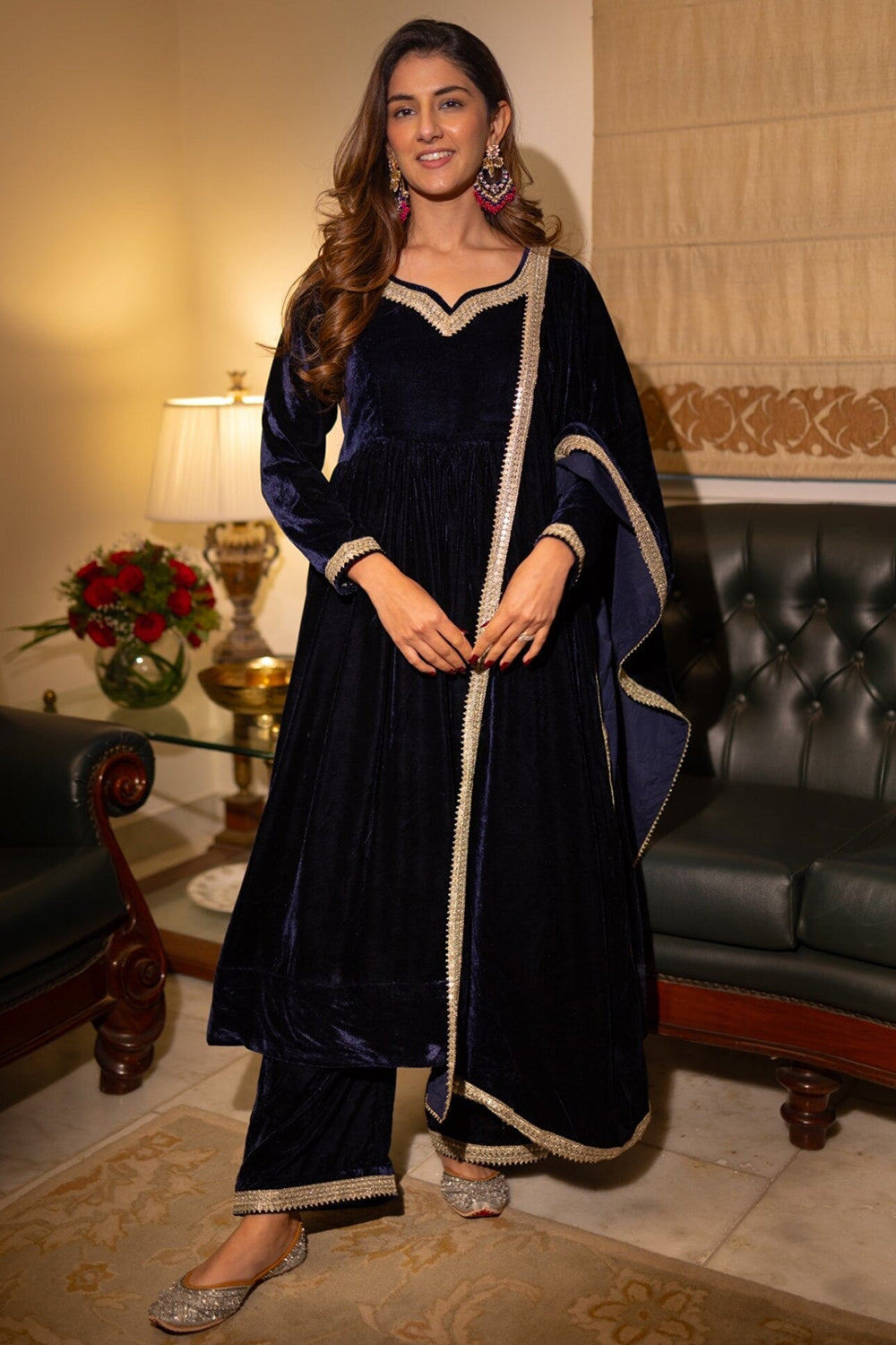 Dark Blue Velvet Palazzo Suit with Lace Work