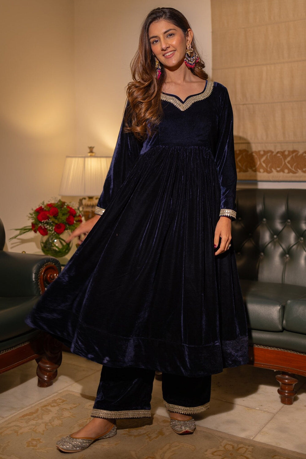 Dark Blue Velvet Palazzo Suit with Lace Work