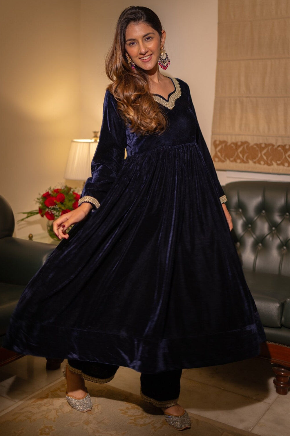 Dark Blue Velvet Palazzo Suit with Lace Work